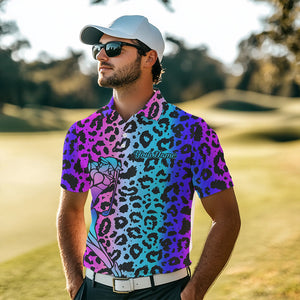 Neon Blue and purple leopard pattern Mens golf polo shirts Custom mens golf tops, unique golf gifts NQS9401