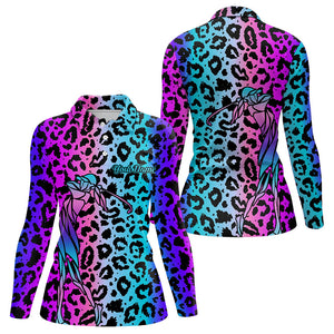 Neon Blue and purple leopard pattern Womens golf polo shirts Custom ladies golf tops, unique golf gift NQS9401