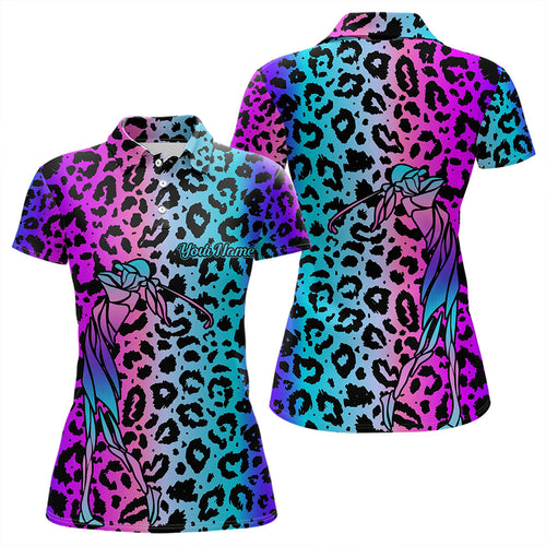 Neon Blue and purple leopard pattern Womens golf polo shirts Custom ladies golf tops, unique golf gift NQS9401