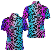 Load image into Gallery viewer, Neon Blue and purple leopard pattern Mens golf polo shirts Custom mens golf tops, unique golf gifts NQS9401