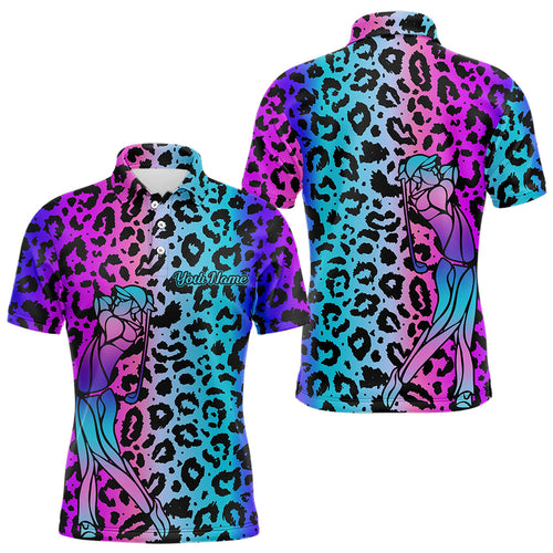 Neon Blue and purple leopard pattern Mens golf polo shirts Custom mens golf tops, unique golf gifts NQS9401