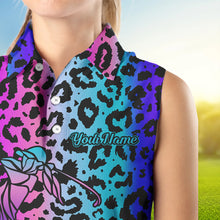 Load image into Gallery viewer, Neon Blue and purple leopard pattern Womens sleeveless golf polo shirts Custom ladies golf tops NQS9401