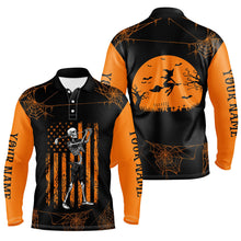 Load image into Gallery viewer, Black and Orange American Flag Halloween golf skull custom Men golf polo shirts, Halloween golf polo NQS8305