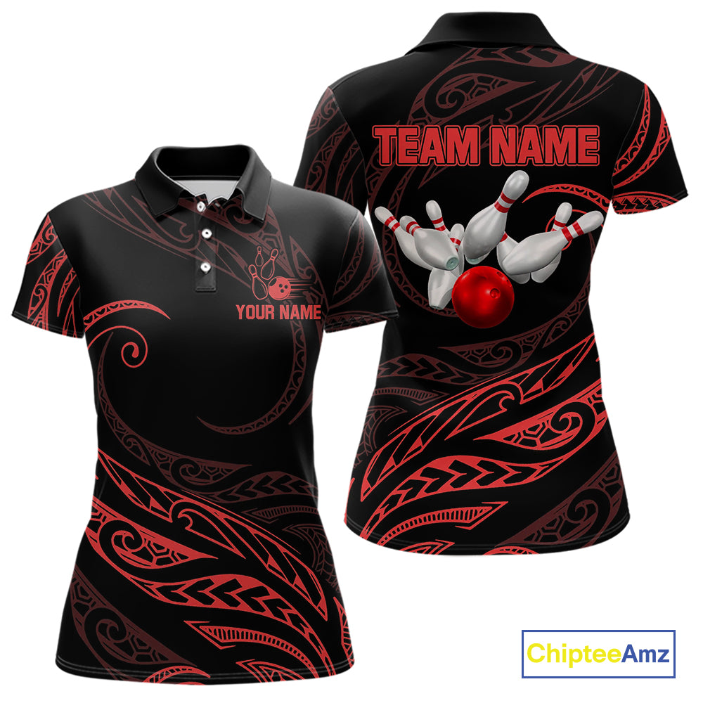 Black and Red Tribal Pattern Bowling Polo, Quarter Zip shirts For Women Custom Team Bowling Jerseys NQS10485