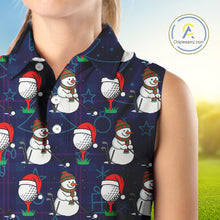 Load image into Gallery viewer, Blue Christmas Plaid pattern snowman Women Sleeveless Polo Shirt custom Christmas ladies golf attire NQS10902