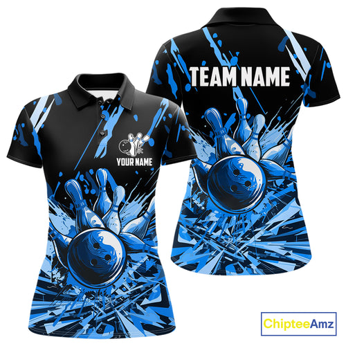 Blue bowling jerseys Bowling Polo, 1/4 Zip Shirt for Women Custom Bowling Team shirts for bowlers NQS11083