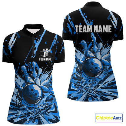 Blue bowling jerseys Bowling Polo, 1/4 Zip Shirt for Women Custom Bowling Team shirts for bowlers NQS11083