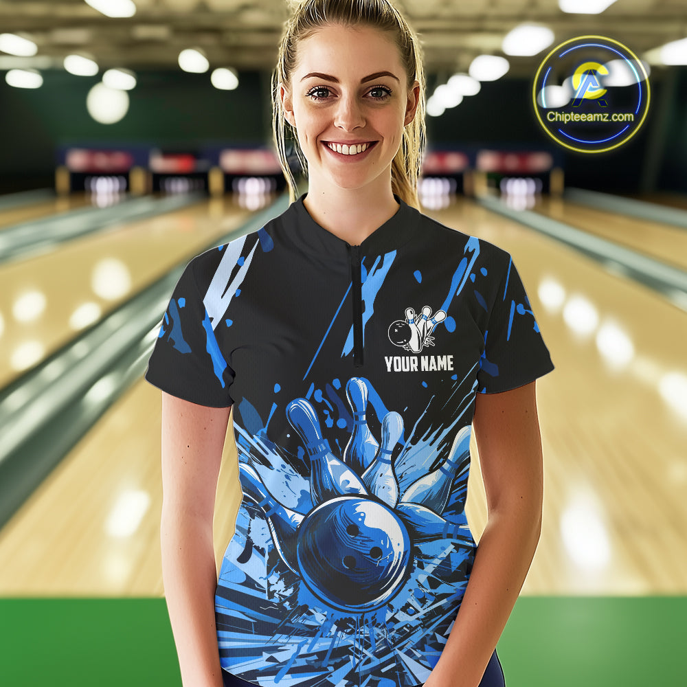 Blue bowling jerseys Bowling Polo, 1/4 Zip Shirt for Women Custom Bowling Team shirts for bowlers NQS11083