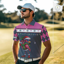 Load image into Gallery viewer, Pink argyle pattern Funny Christmas Flamingo Mens golf polo shirt custom golf attire for men NQS11088