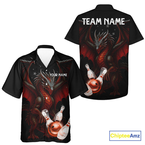 Custom Black And Red Dragon Hawaiian Bowling Jersey, Team Bowling League Shirts NQS11090