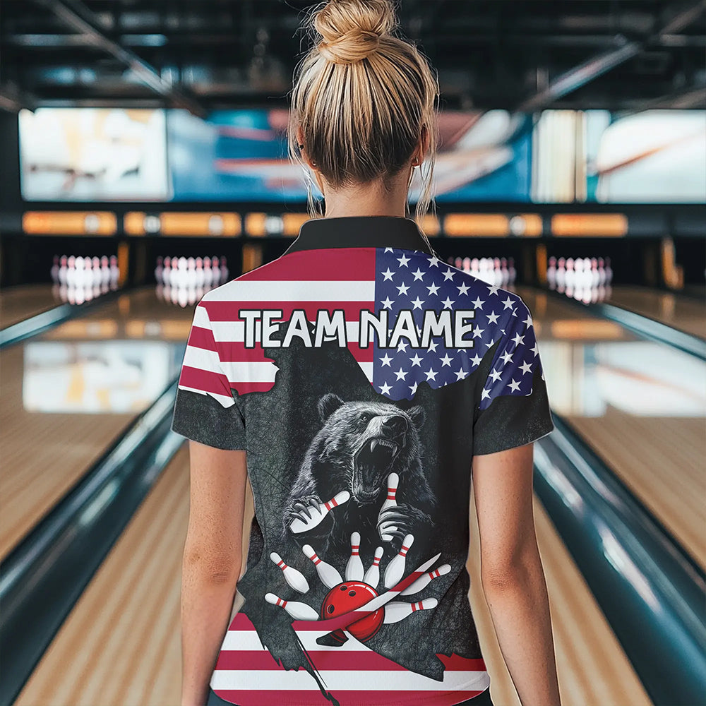 Personalized Black Bear American flag Bowling shirts For Women custom patriotic bowling team jerseys NQS9410