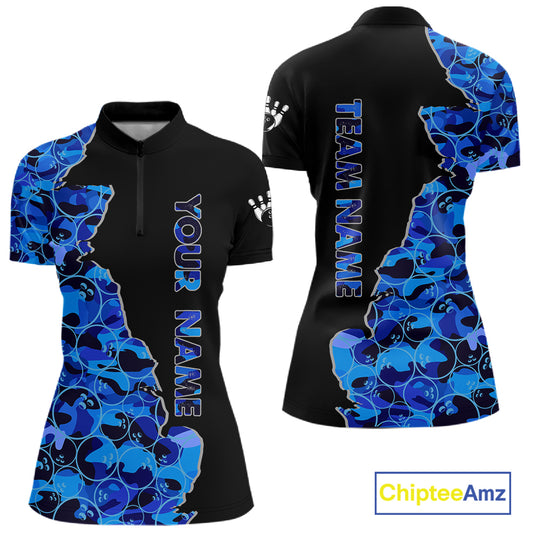 Black & Blue Camo Team Bowling Shirts For Women Custom bowling shirts with name, Team Bowling Jerseys NQS11508