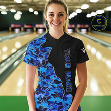 Load image into Gallery viewer, Black &amp; Blue Camo Team Bowling Shirts For Women Custom bowling shirts with name, Team Bowling Jerseys NQS11508