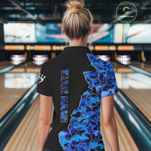 Load image into Gallery viewer, Black &amp; Blue Camo Team Bowling Shirts For Women Custom bowling shirts with name, Team Bowling Jerseys NQS11508