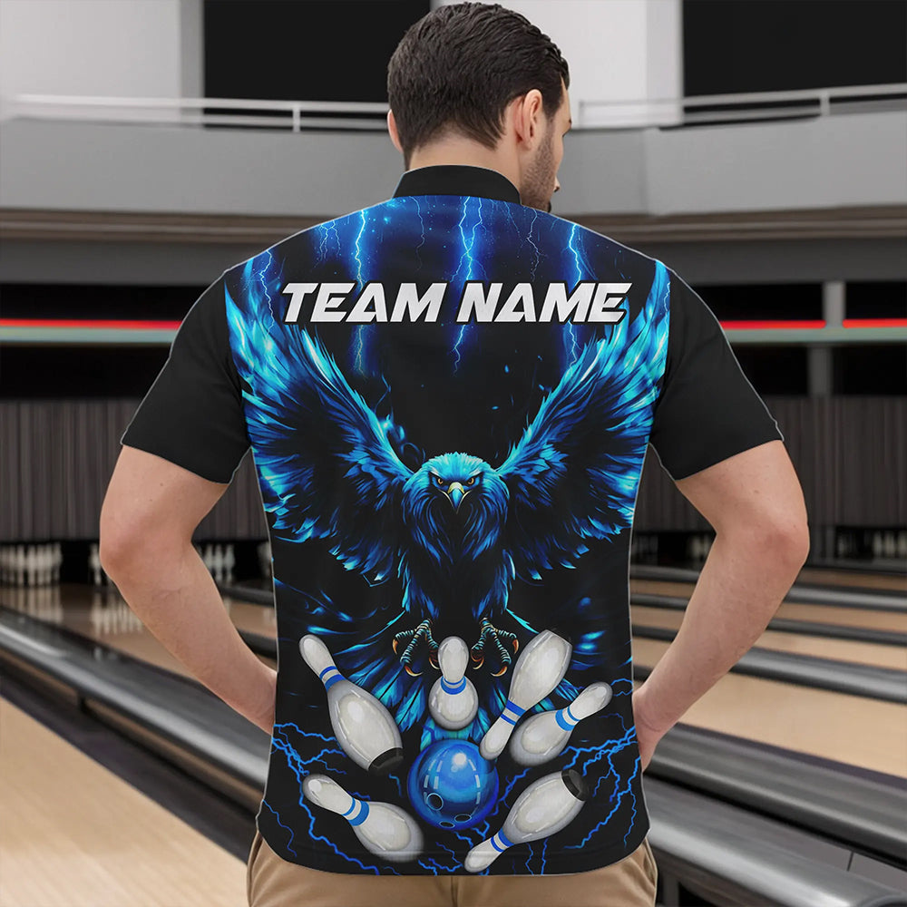 Custom Blue Lightning Thunder Eagle Men Bowling Polo, Quarter Zip Shirts Bowling Team Jerseys Outfits NQS9577