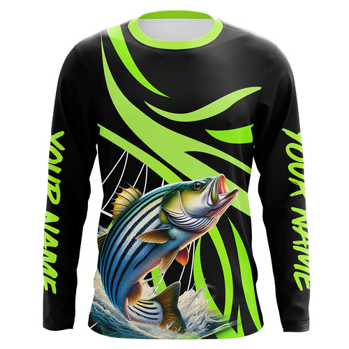 Personalized Striped Bass Long Sleeve Fishing Shirts, Striper Tournament Fishing Jerseys | Green NQS7499