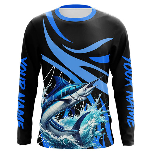 Personalized Blue Marlin Long Sleeve Fishing Shirts, Marlin Tournament Fishing Jerseys | Blue NQS7500