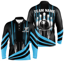 Load image into Gallery viewer, Black Mens Bowling polo, quarter zip shirt Custom Bowling Team League Jerseys, gift for Bowlers | Blue NQS7660