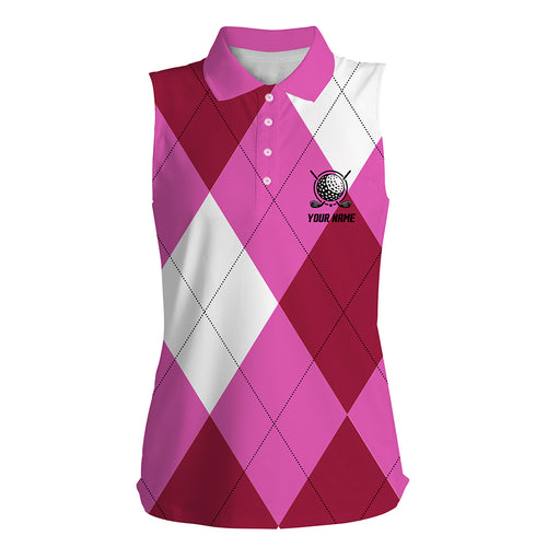 Womens sleeveless polo shirt custom name pink and white golf pattern, personalized golf gifts NQS5783
