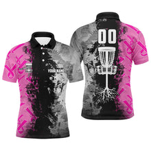 Load image into Gallery viewer, Custom name, number Disc Golf basket Men polo shirts, pink ribbons Breast cancer ladies disc golf tops NQS8307