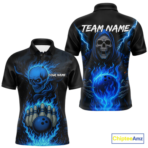 Blue Flame Lightning Thunder Skull Reaper Bowling Shirts for Men Custom Bowling Team League Jersey NQS10908