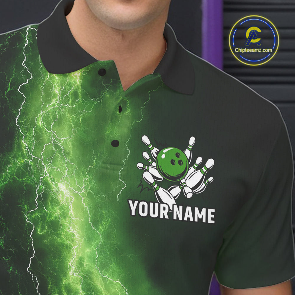 Men's Bowling Shirts Custom Green Lightning Thunder Bowling Team Jersey, gift for team Bowlers NQS10910