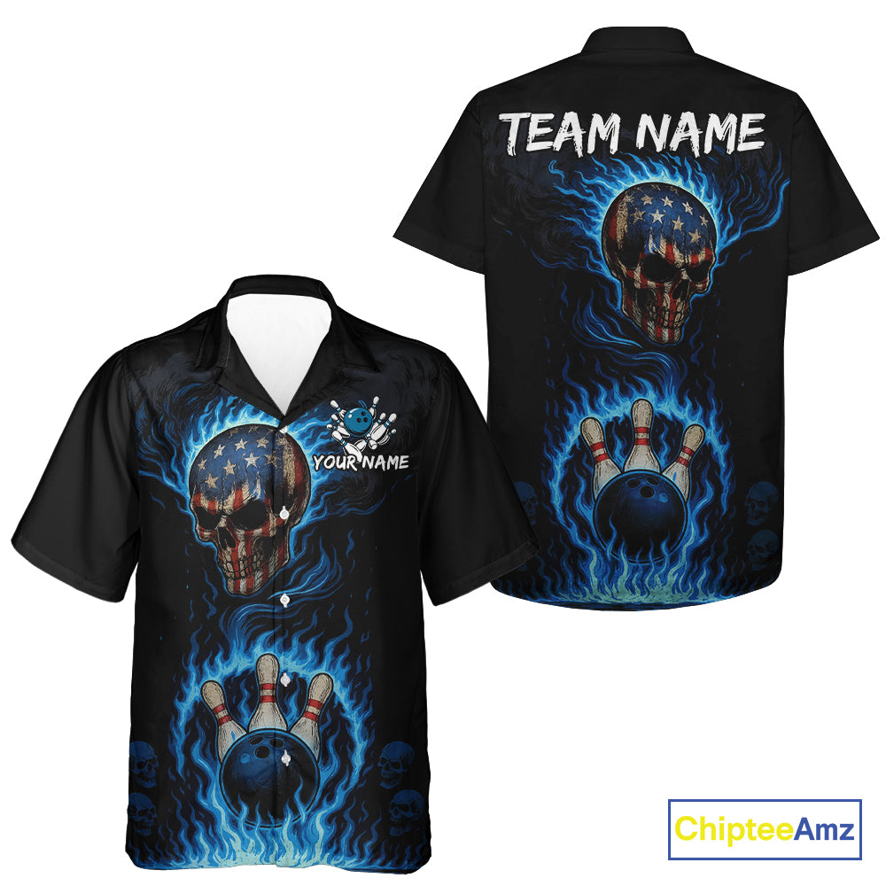 Custom Black and Blue Flame American Flag Skull Bowling Hawaiian Shirt, Bowling Team League Jersey NQS10913