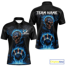 Load image into Gallery viewer, Custom Black and Blue Flame American Flag Skull Bowling Shirts for Men, Bowling Team League Jersey NQS10913