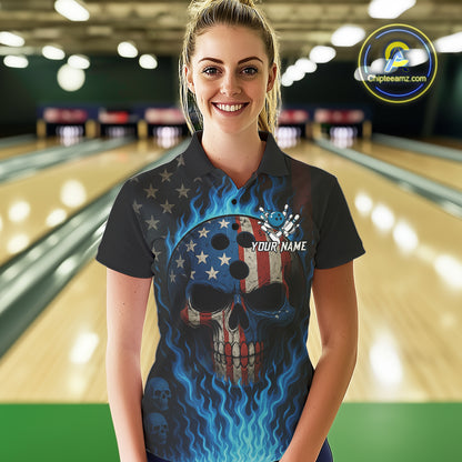 Personalized Blue Flame American Flag Skull Patriotic Bowling Polo, Quarter Zip Shirts for Women NQS10914