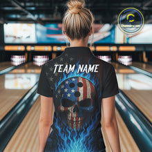 Load image into Gallery viewer, Personalized Blue Flame American Flag Skull Patriotic Bowling Polo, Quarter Zip Shirts for Women NQS10914