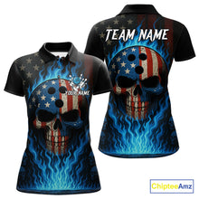 Load image into Gallery viewer, Personalized Blue Flame American Flag Skull Patriotic Bowling Polo, Quarter Zip Shirts for Women NQS10914