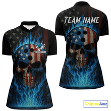 Load image into Gallery viewer, Personalized Blue Flame American Flag Skull Patriotic Bowling Polo, Quarter Zip Shirts for Women NQS10914