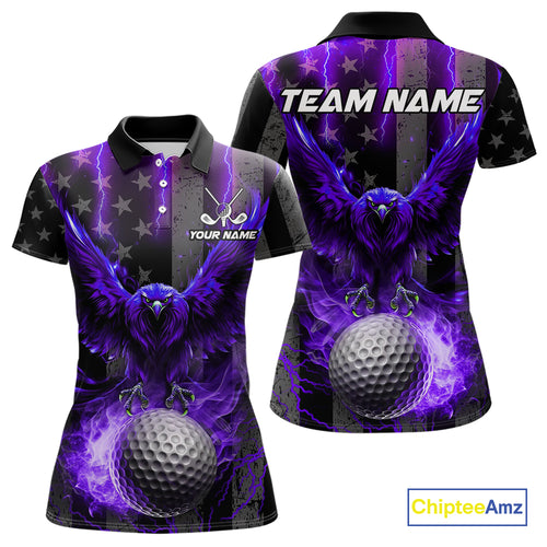 Black American flag Women golf polo shirt Custom purple lightning thunder Eagle patriotic Golf top NQS11094