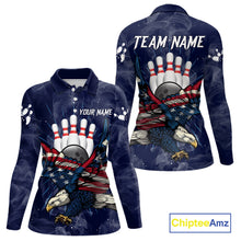 Load image into Gallery viewer, Blue Smoke American Flag Eagle Bowling Shirts For Women Custom patriotic Bowling Team Jersey NQS11288