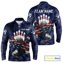 Load image into Gallery viewer, Blue Smoke American Flag Eagle Bowling Shirts For Men Custom patriotic Bowling Team Jersey NQS11288