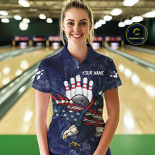 Load image into Gallery viewer, Blue Smoke American Flag Eagle Bowling Shirts For Women Custom patriotic Bowling Team Jersey NQS11288