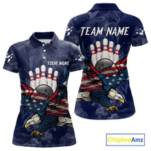 Load image into Gallery viewer, Blue Smoke American Flag Eagle Bowling Shirts For Women Custom patriotic Bowling Team Jersey NQS11288
