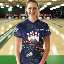 Load image into Gallery viewer, Blue Smoke American Flag Eagle Bowling Shirts For Women Custom patriotic Bowling Team Jersey NQS11288