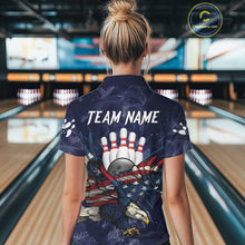 Load image into Gallery viewer, Blue Smoke American Flag Eagle Bowling Shirts For Women Custom patriotic Bowling Team Jersey NQS11288