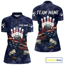 Load image into Gallery viewer, Blue Smoke American Flag Eagle Bowling Shirts For Women Custom patriotic Bowling Team Jersey NQS11288