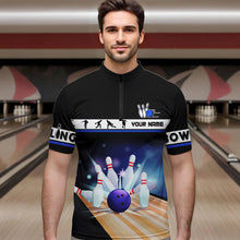 Load image into Gallery viewer, Black and Blue Bowling Polo, Quarter Zip shirts For Men custom bowling team jersey, Gift for Bowlers NQS9415