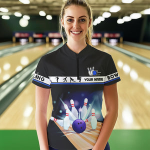 Black and Blue Bowling Polo, Quarter Zip shirts For Women custom bowling team jersey, Gift for Bowlers NQS9415