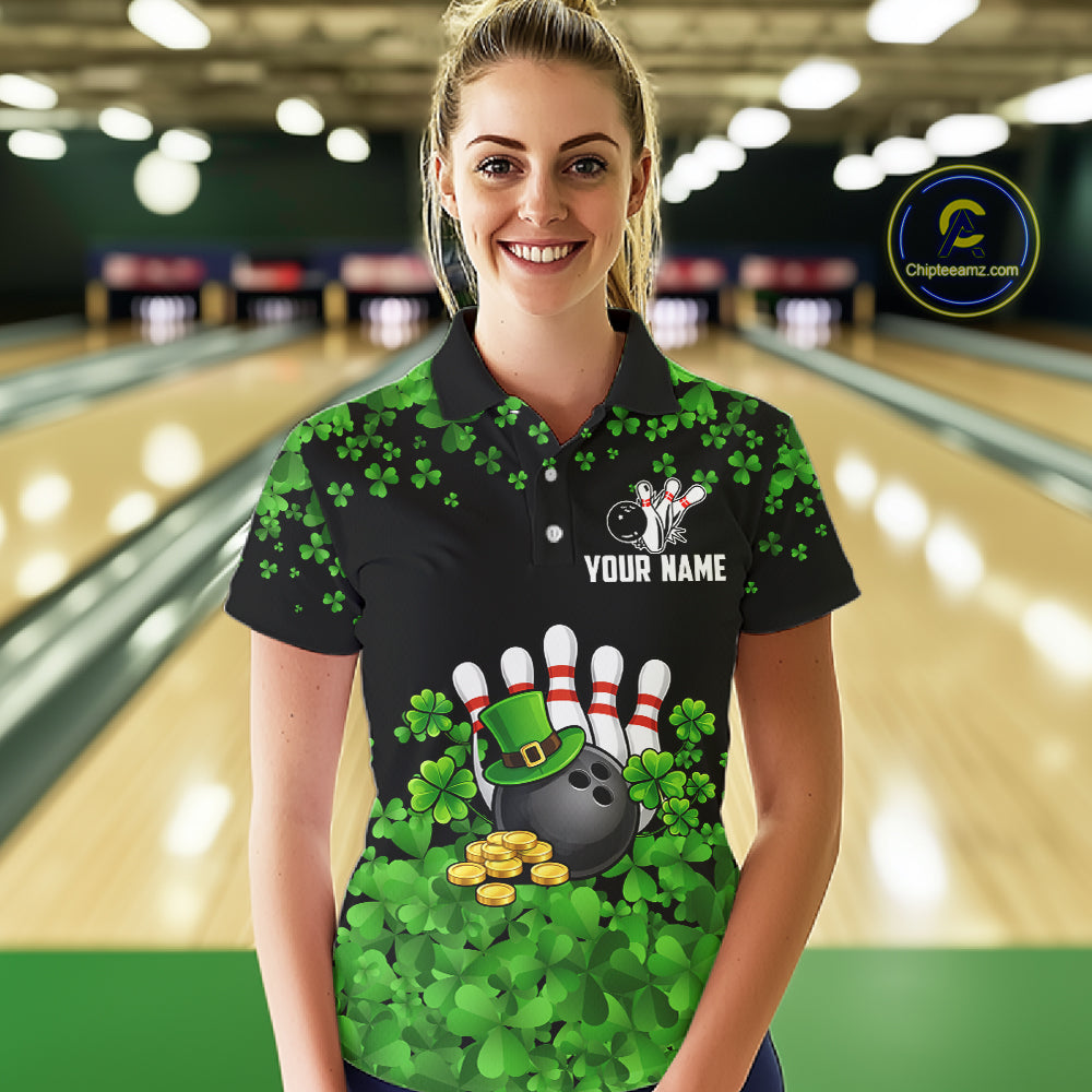 Custom Green clover pattern Bowling shirts for Women, St Patrick's Day bowling apparel, bowling gifts NQS11512