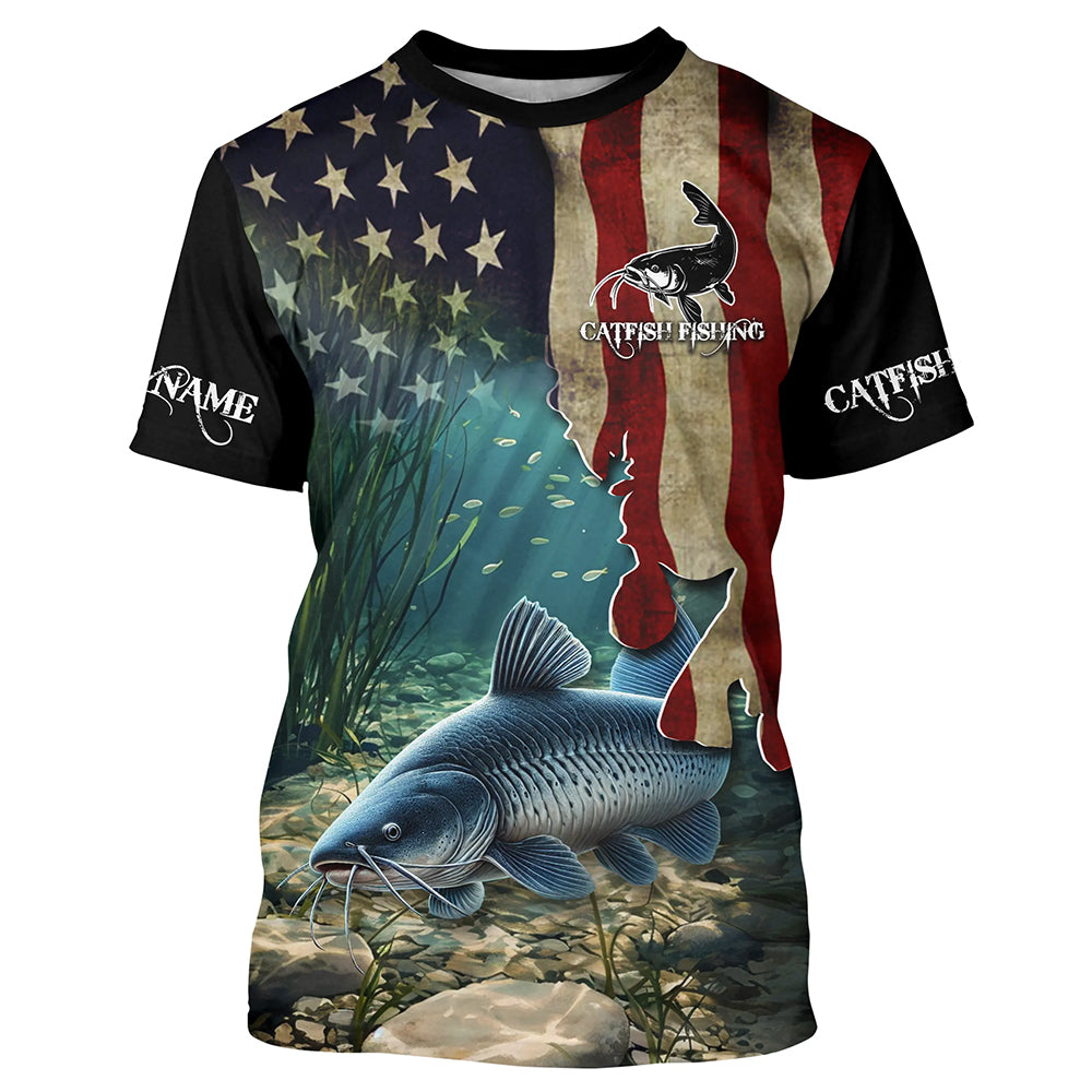 Catfish Fishing American Flag Patriotic Custom Long sleeve fishing shirt, personalized fishing gift NQS484