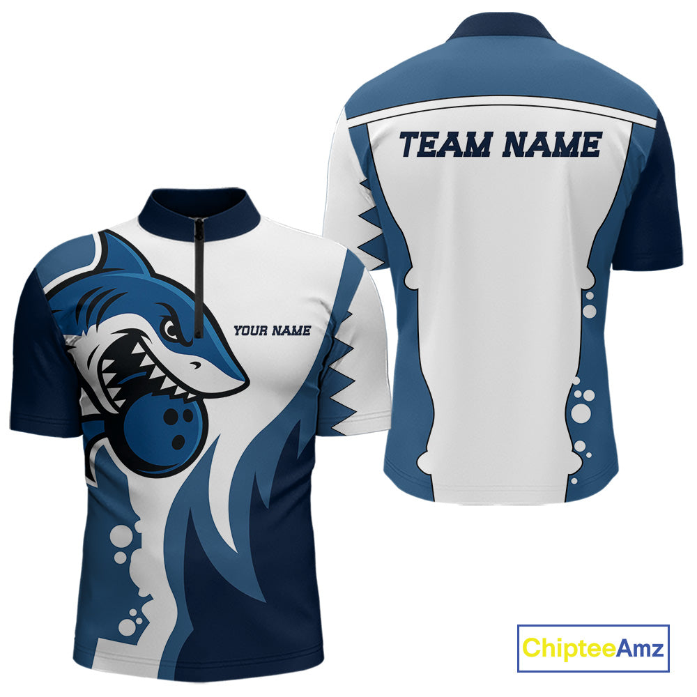 White and Blue Shark Bowling Polo, Quarter Zip shirts for men custom shark bowling team jerseys NQS10159