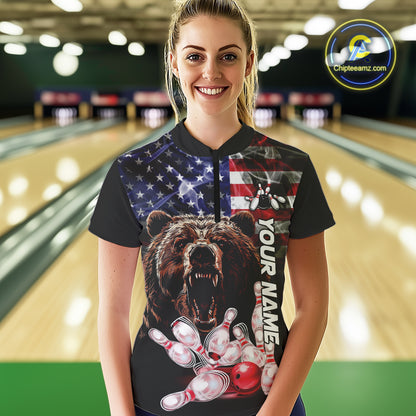 American Flag Bear Bowling Polo, Quarter Zip Shirts for Women Custom patriotic Team Bowling jerseys NQS10287
