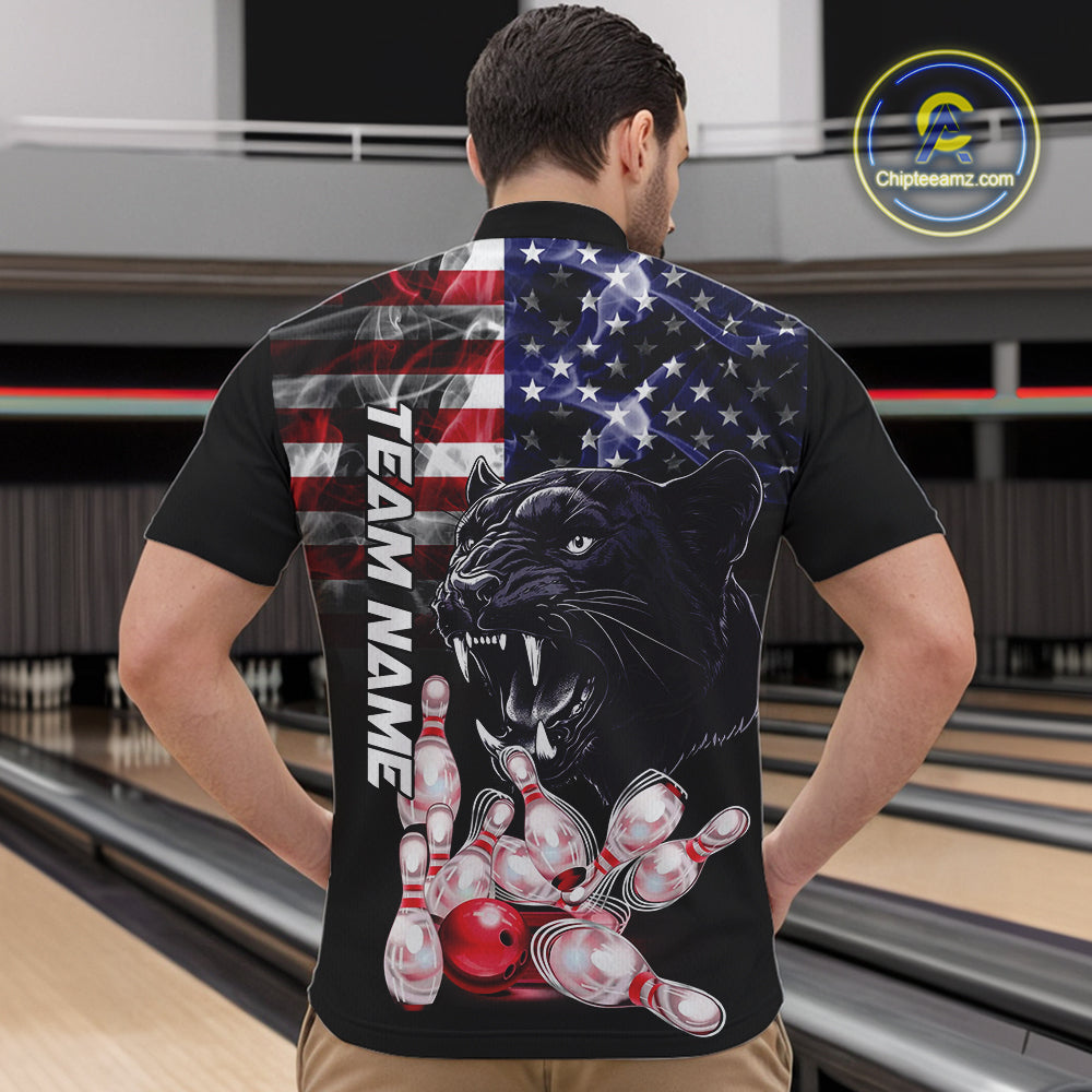 American Flag Panther Bowling Polo, Quarter Zip Shirts for Men Custom patriotic Team Bowling jerseys NQS10289