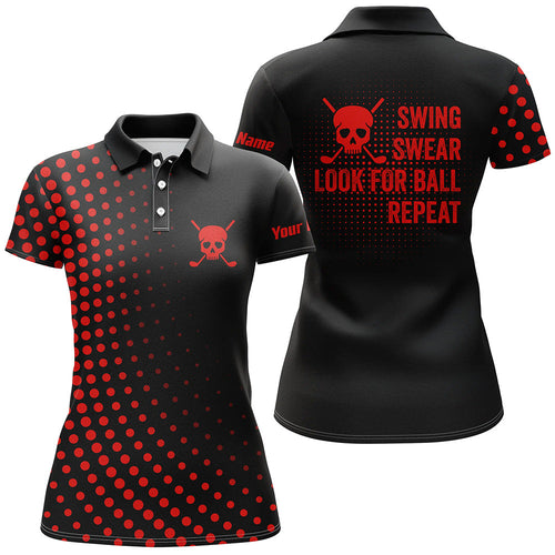 Womens golf polo shirts custom swing swear look for ball repeat dot pattern skull golf shirt | Red NQS8514