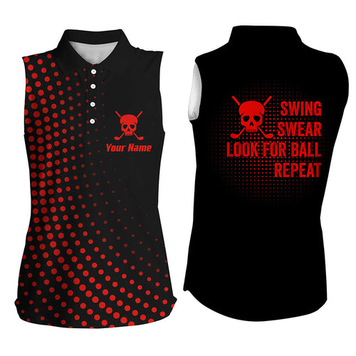 Women sleeveless polo shirt custom swing swear look for ball repeat dot pattern skull golf shirt | Red NQS8514