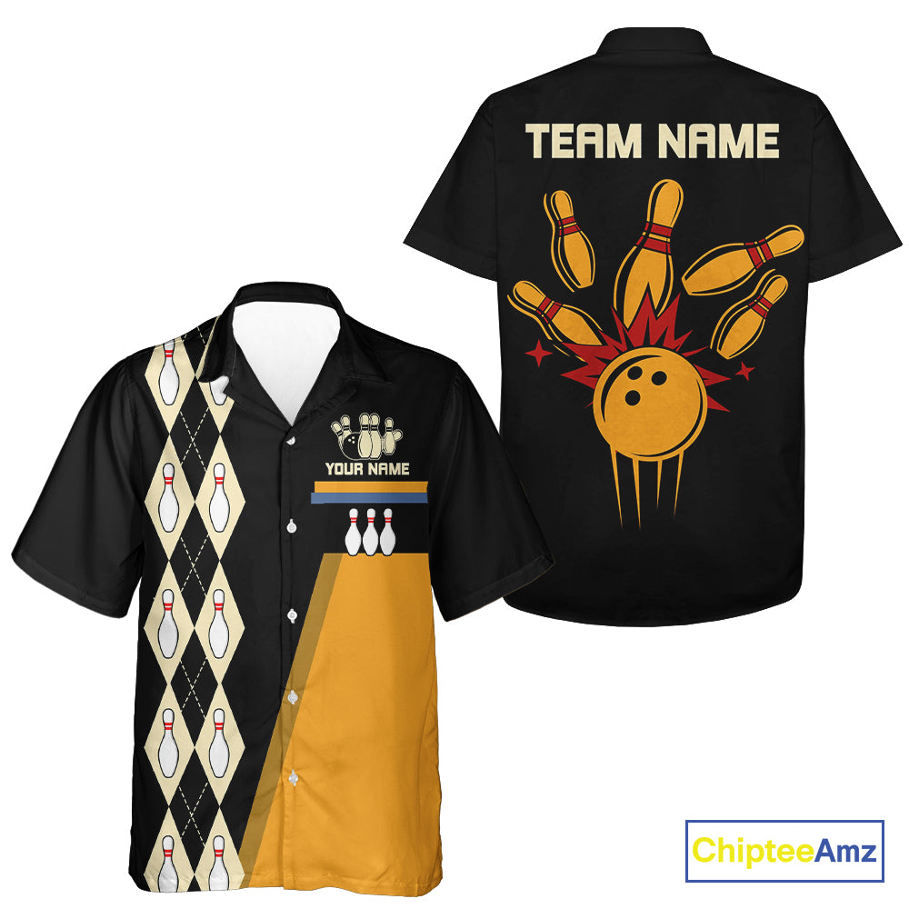 Black and Yellow Retro Bowling Hawaiian Shirt Custom vintage team bowling button up shirt NQS10707